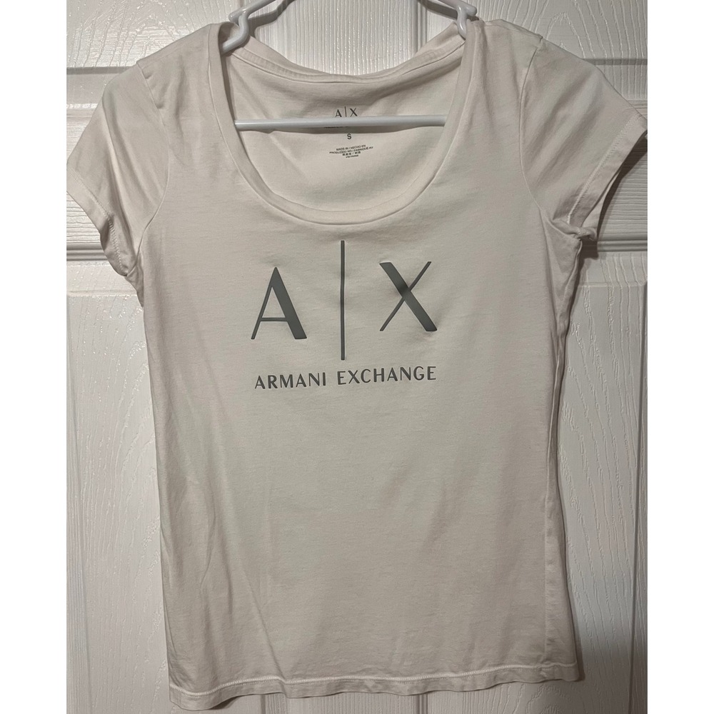 Armani Exchange Womens White AX Logo Graphic Scoop Neck Short Sleeve‎ T-Shirt S